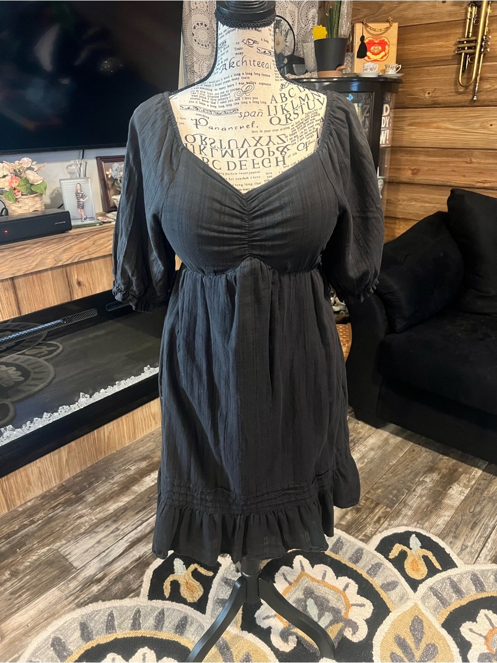 Mikarose Black V-Neck Puff Sleeve Mini Dress with Ruffle Hem